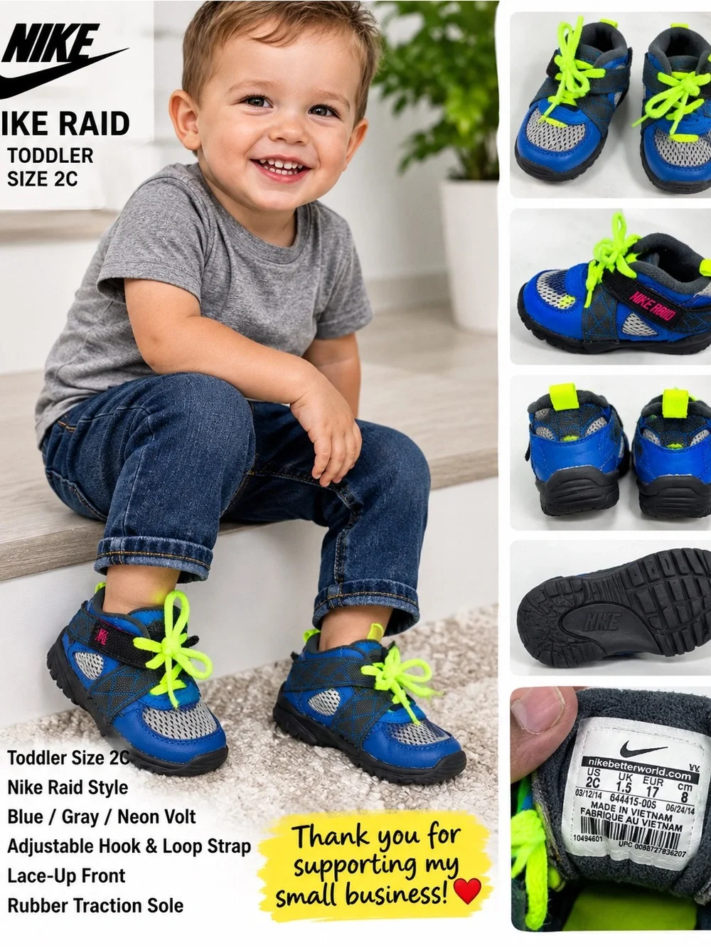 Nike Raid Toddler Shoes Size 2C Blue Neon Volt 644415-005 Athletic Sneakers